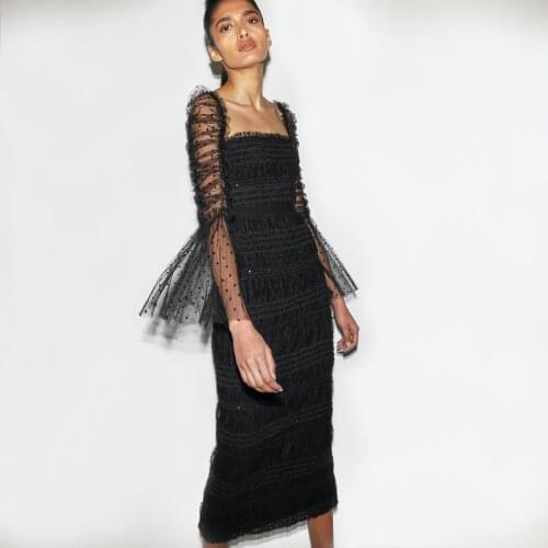 Black Midi Long Dress Women 2021 New Polka Dot Mesh Square Neck Flare Sleeve Fashion Party Evening Elegant Dress High Quality