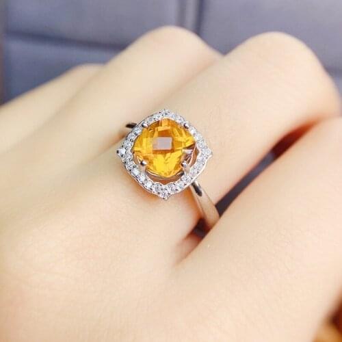 Natural real yellow citrine round square ring Free shipping 8*8mm 1.8ct gemstone 925 sterling silver Fine jewelry J215273