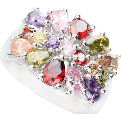 Lovely Inspired Multi-Color MultiGem 4*6mm Semi-precious Stone Silver Cool For Women Ring Q1270