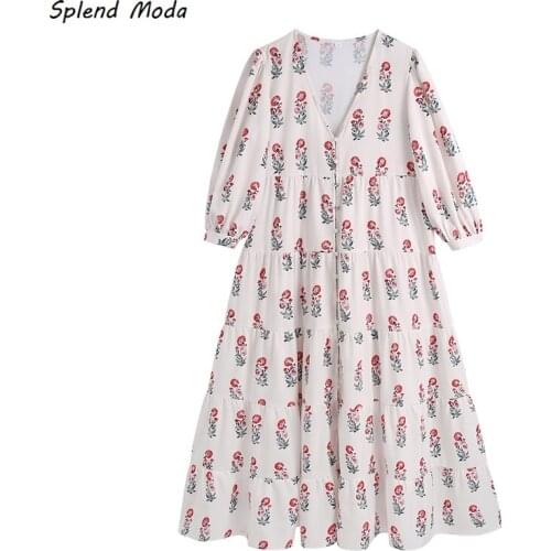 Splend Moda 2021 Summer Prairie Chic V-Neck Floral Print Layered Stitching Long-Sleeve Dress For Women Button Pullover Vestido