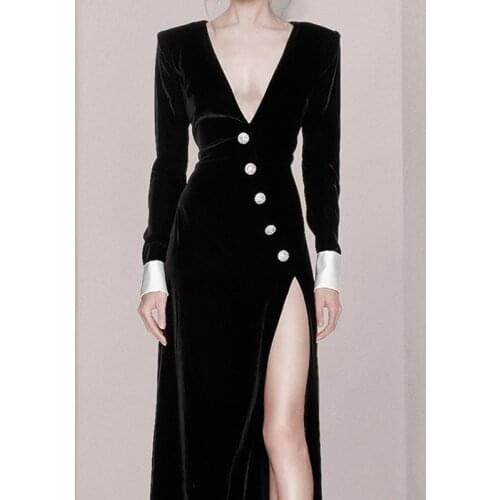 New Spring Autumn Women Long Sleeve Maxi Dress Sexy V Neck Black Patchwork Diamond Club Celebrity Evening Runway Party Dresses
