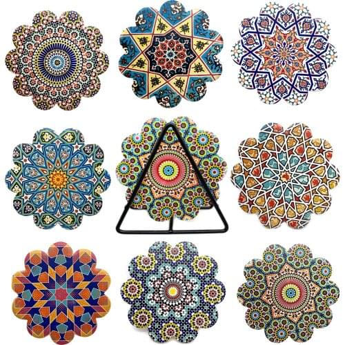 2021 New Mandala Flower Printed Coasters Ceramic Round Coasters Kitchen Mats Non-Slip Insulated Place Mat Party Wedding Supplies