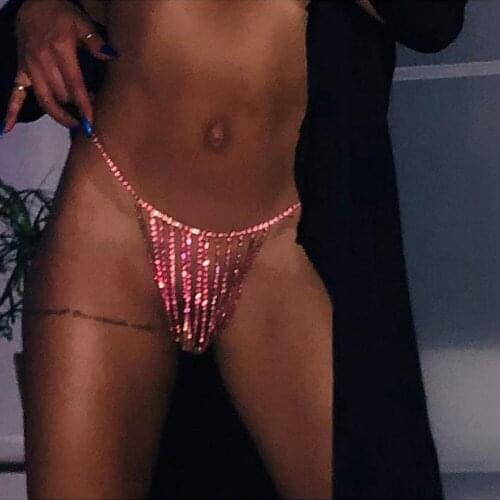 2021 Luxury Crystal Thong Body Chain Bikini PINK RED Color Waist Round Panties for Girl Bling Sexy Rhinestone Body Jewelry Gift
