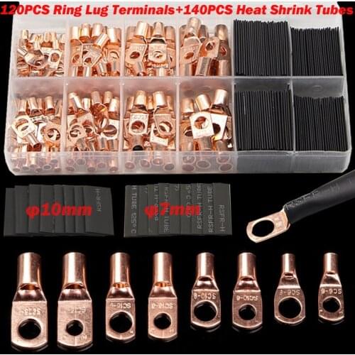 260Pcs Assortment Car Auto Copper Ring Terminal Set Wire Crimp Connector Bare Cable Battery Terminals Soldered Connectors Kit