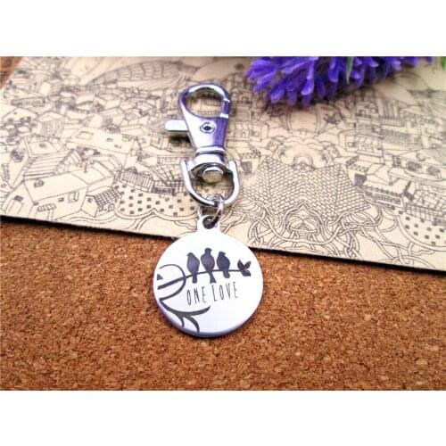 3pcs/lot high quality keychain with 20mm stainless steel circle round "one love" charms keychain