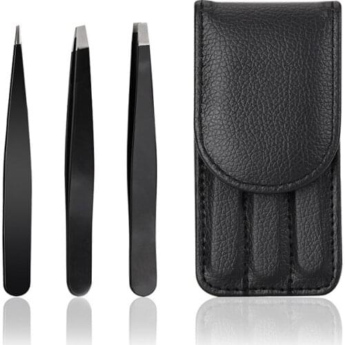 3pcs Pink Stainless Steel Eyebrow Tweezer Set With PU Bag Hair Beauty Fine Hair Puller Slanted Eye Brow Clip Removal Makeup Tool