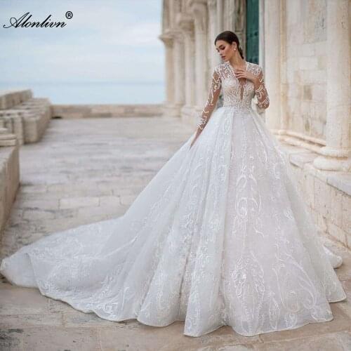 Alonlivn Luxury Lace V-Neck Ball Gown Princess Wedding Dresses Full Sleeves Appliques Lace Bridal Gowns Customize
