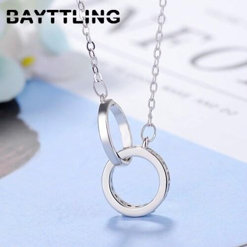 BAYTTLING 925 Sterling Silver Simple 2 Round Zircon Pendant Necklace For Woman Fashion Wedding Party Jewelry Gift