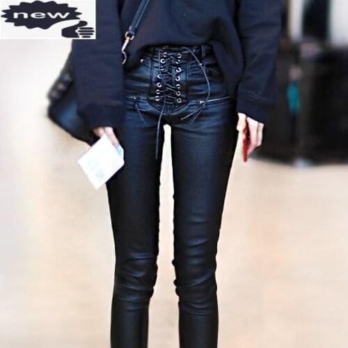 Summer Fashion New Sexy Pu Leather Women Zipper Lace Up Pants Slim Fit Broeken Woman Roupas Femininas Pantalon Femme Black