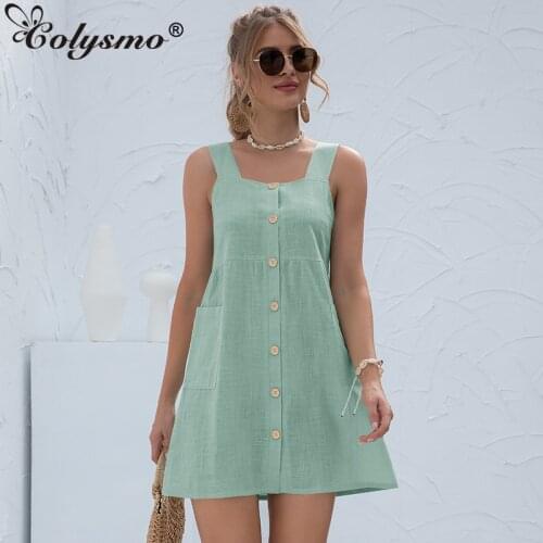 Colysmo White Dress with Pocket Single Breasted Square Neck Solid Color Sleeveless High Waist Tank Dress Mini Dresses Women 2021