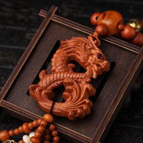 Dragon Loong 3D Wood Carved Chinese Feng Shui Kallaite Amber Beads Car Pendant