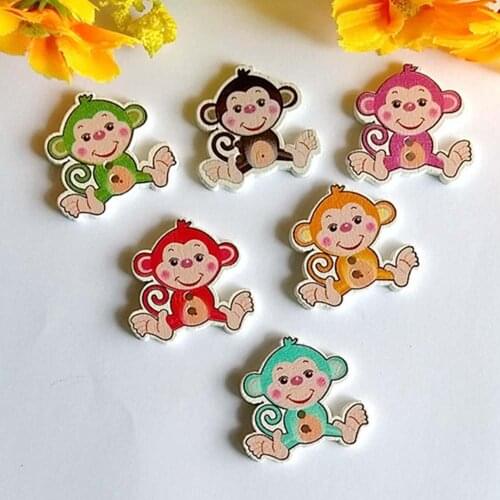 50pcs/lot 28x29mm Random Mixed Multicolor Monkey 2 Holes Wood Sewing decorative Buttons Beads Scrapbooking