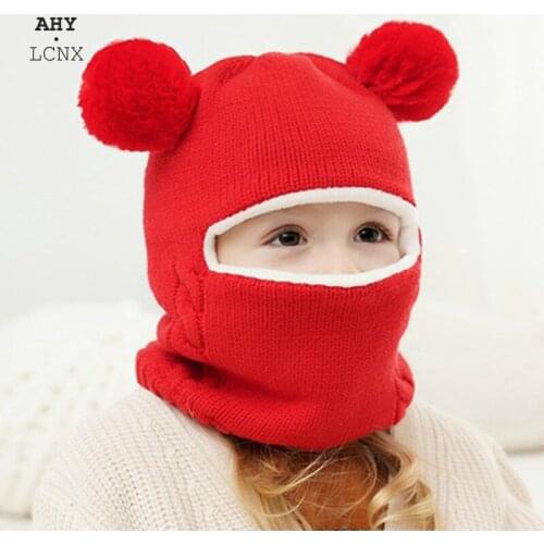 Baby Boy Girl Winter Children Thicken Windproof Ear Protection Kids Warm pompom Hats Autumn Plush Velvet Hat and scarf in one
