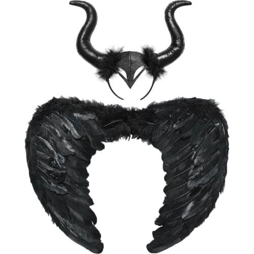 Kids Witch Costume Accessories Black Feather Wings Horn Headband Halloween Carnival Pageant Dress Up Child Size