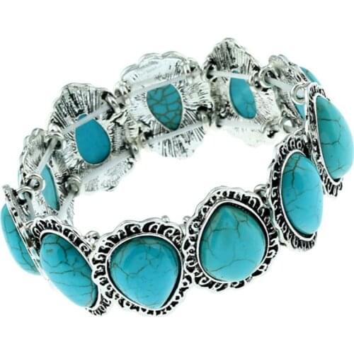 FYSL Silver Plated Stackable Water Drop Green Turquoises Stone Bracelet Ethnic Style Jewelry