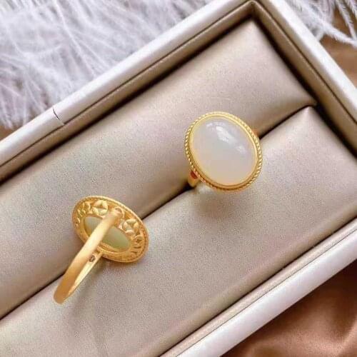 Natural Hetian Jade Egg Surface Ring Womens Open Adjustable Fat Hand Large Retro Chinese Royal Court Style Ring Ornament