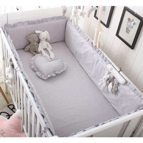 5pcs grey Cotton Baby Bed Bumper Baby Bedding Set Baby Crib Set For Both Girl and Boy, 4bumper+sheet