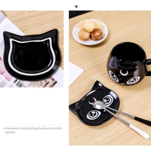 Cartoon Cute Black Cat Cup Ceramic Coffee Mug Left and Right Handle Creative Personality Design Couple Cup with Coaster mugs