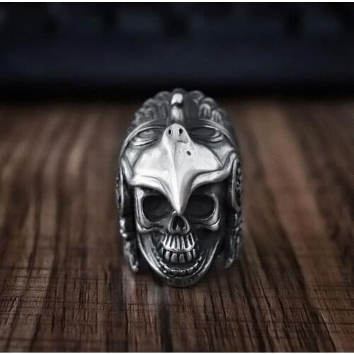 Mens Boys Indian Aztec Eagle Warrior Skull Ring Heavy 316L Stainless Steel Ring Punk Biker Jewelry Gift for Him