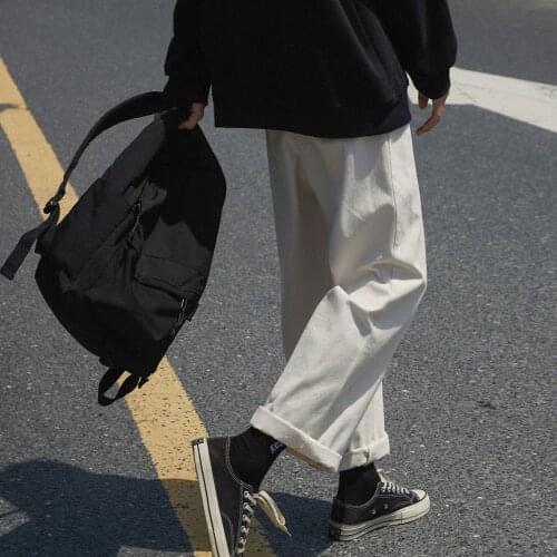2021 Mens Pure Color Campus Casual Pants Streetwear Korean Loose Straight Pants Male White/black Color Fashion Trousers M-2XL
