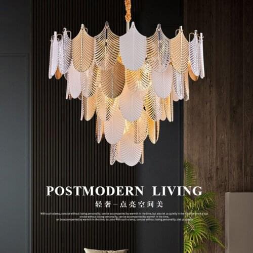 Postmodern Luxury Glass Chandelier LED Nordic Creative Living Room Dining Room Bedroom Villa Leaf Hanging Lights E14 Iron Golden