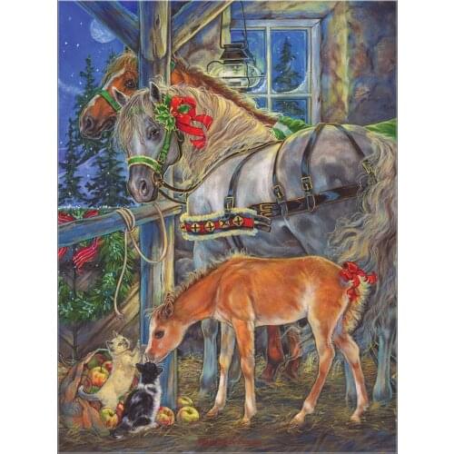 Counted Cross Stitch Kits Needlework Embroidery - Crafts 14 ct Aida DMC Color DIY Arts Handmade Home Decor - Holiday Horsies