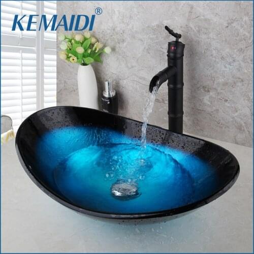 KEMAIDI Round Taps Bathroom Glass Basin Sink Faucet Vessel Drain Combo Set Counter Top Water Mixer Vanity Stream Spout