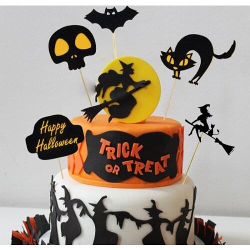 2sets Halloween Pumpkin Cake Topper Black Bat Witch Skull Cupcake Topper For Happy Halloween Party Decor Baking Cake Insert Sign