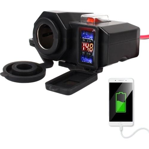 Motorcycle Handlebar Charger 5V 2.1A Adapter Power Supply Dual USB Port Cigarette Lighter Socket Digital Display For Phone