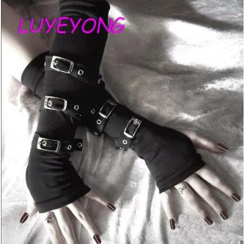 Women Punk Black Ninja Mittens 2021 Dark Lady Gothic Adjustable Eyelet Ribbon Buckle Cargo Gloves Elbow Fingerless Cool Glove