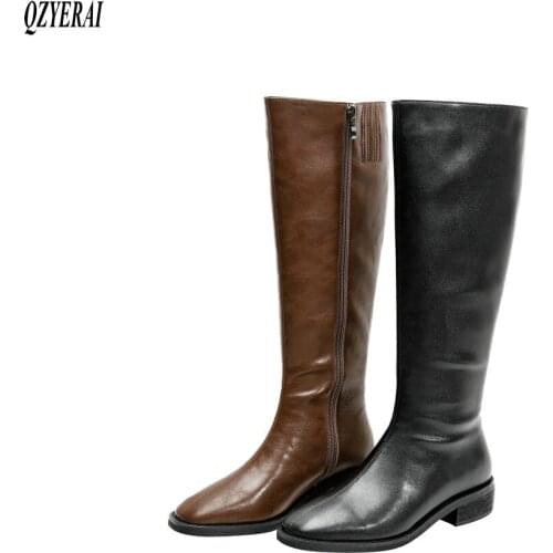 2021 Winter New style Genuine leather Knee high boots Women boots Motorcycle boots Female boots warm cowhide Women shoes