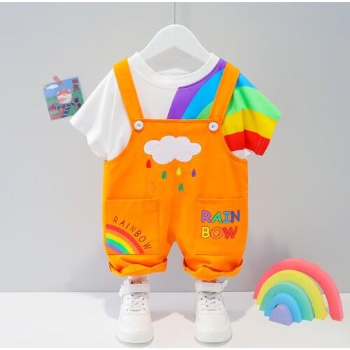 2021 Summer New Childrens Short-sleeved Suit 0-4Y Baby Boys Girls Cute Cartoon Clothes Rainbow Overalls Set Kids Casual Outfits
