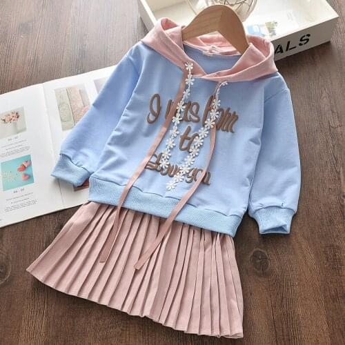 2021 Spring and Autumn Girls Suit Skirt Girl Long-sleeved Hooded Letter Print top + Pleated Short Skirt Fake 2-piece Set