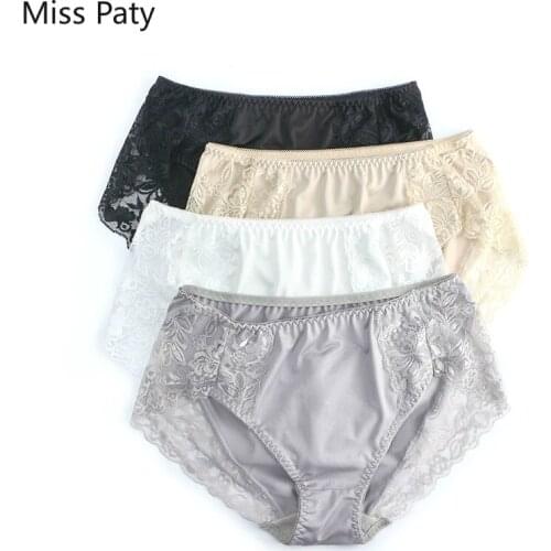 4pcs/lot Women sexy lace silk panties seamless mid-waist cotton crotch pants briefs ladies satin underwear 3XL plus large sizes