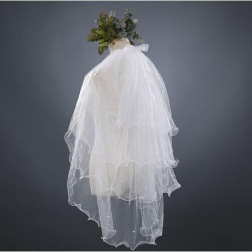 4 Tier Layered Womens Wedding Veil Imitation Pearl Handmade Beaded Ribbon Bowknot Decor Agaric Wavy Trim Bridal Veil With W0YA