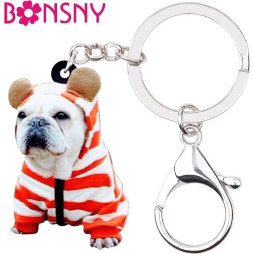 Bonsny Acrylic Sweet French Bulldog Pug Dog Key Chains Keychain Rings Anime Animal Jewelry For Women Girl Handbag Car Charms Pet