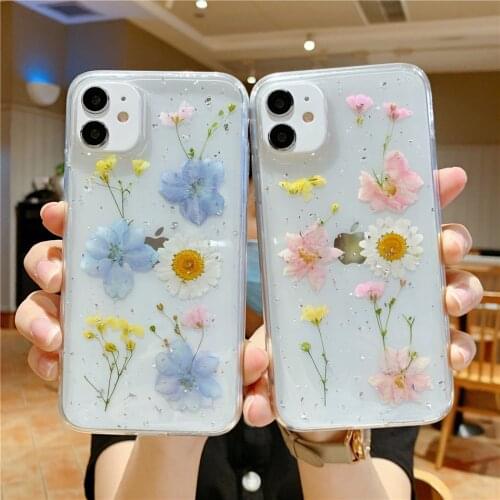 Real Flowers Transparent Soft TPU Phone Case For iPhone 11 X XS XR XS Max 6 6S 7 8 Plus Dried Flowers Bling Beautiful Back Cover