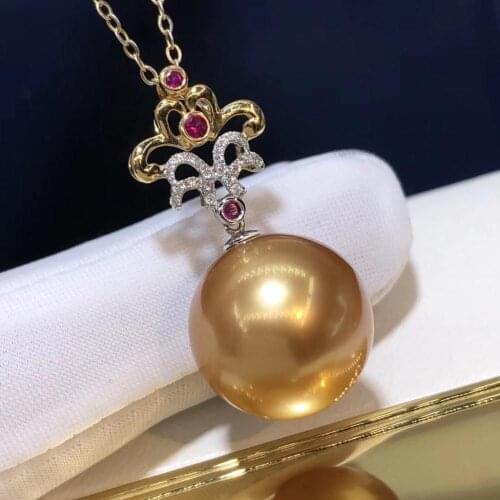 D718 Pearl Pendant Fine Jewelry Solid 18K Gold Round 13-14mm Nature Sea Water Golden Pearls Pendants Necklaces for Women