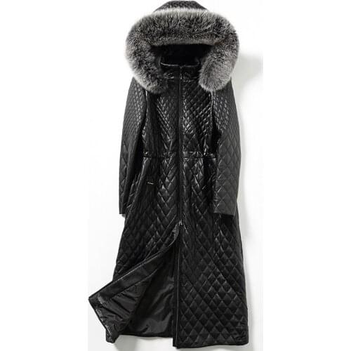 Long Genuine Leather Jacket Women Autumn Winter Sheepskin Coat Female Fox Fur Collar Quilted Warm Parka Macaw KJ742