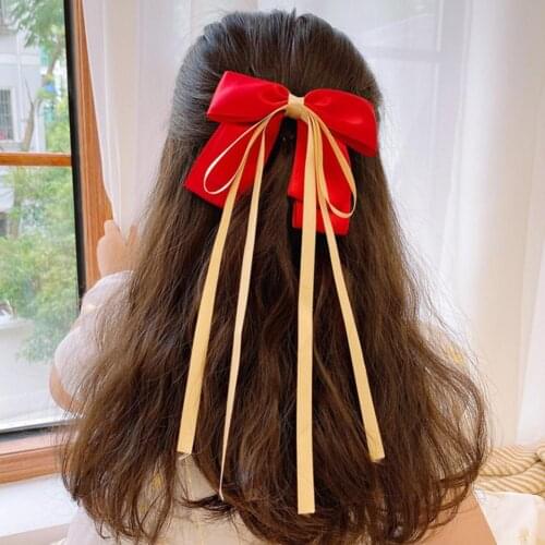 Sweet Simple Elastic Bow Long Ribbon Girl Hairpin Hair Clip for School
