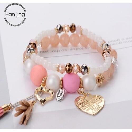 Fashion Imitation Pearl Bracelets Bangles For Women Multilayer Beads Charm Rose Gold Heart Bracelet Set Femme Boho Jewelry Gift