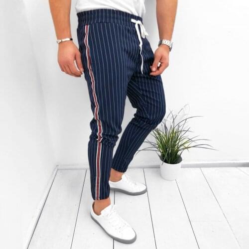 Streetwear Joggers Sweatpants Pantalon Homme Men Casual Stripe Print Drawstring Elastic Waist Long Cargo Pants Trousers