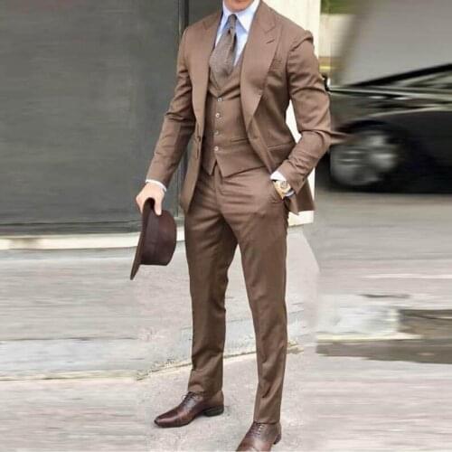 2021 Mens suit Groom Tuxedos Brown Prom Wedding Men Suit Slim Fit Cotton Blend Formal Suit For Men Slim Fit (Jacket+Pants+Vest)