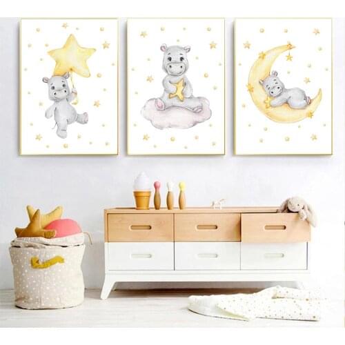 Nordic Hippo Wall Art Poster Baby Nursery Art Print Moon Star Cloud Canvas Painting Abstract Picture Living Room Kids Room Decor