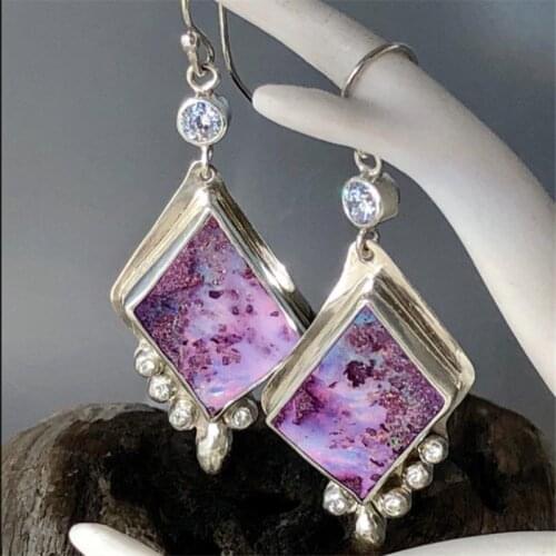 2021 New Vintage Statement Dangle Earrings for Women Colorful Purple Resin Geometric Metal Zirconia Brincos Crystal Drop Earring