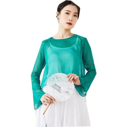 New Loose Classical Dance Shirt For Women Folk Dance Clothing Adult Basic Training Tops Round Neck Flare Sleeve Dress Yoga Wear