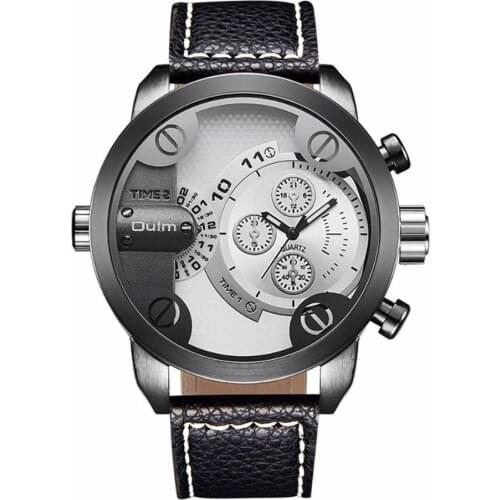 OULM Brand Original Fashion Sports Watches Men Dual Time Leather Strap Casual Quartz Watch Reloj Hombre Grande Deportivo Moda