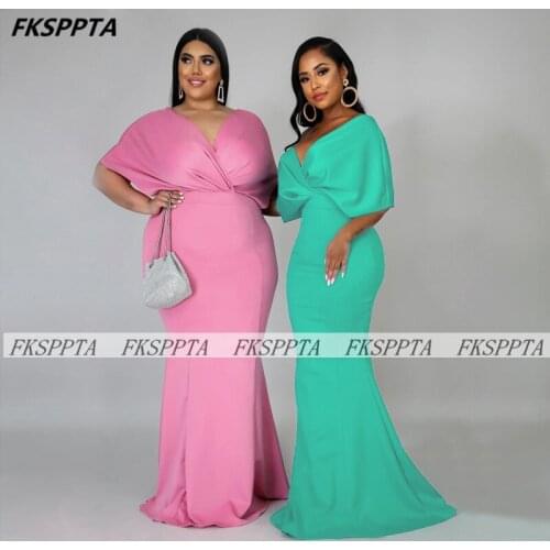 Plus Size Mermaid Long Prom Dresses 2021 V Neck Off The Shoulder Satin Formal Gowns With Half Sleeves Robe De Soiree