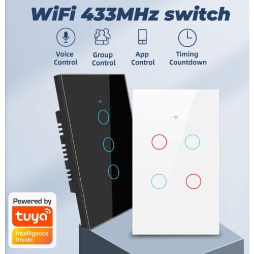 WiFi + 433MHZ 220V Touch Tuya Smart Switch Light Without Neutral Wire Glass Wall Two-Way Control Timer For Alexa Google Home