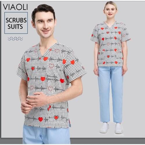 Uniform Nurse Women Short Sleeve V-Neck Tops Cartoon Blouse Clinical Uniform Women Protective Clothing Print Medical Scrubs Top
